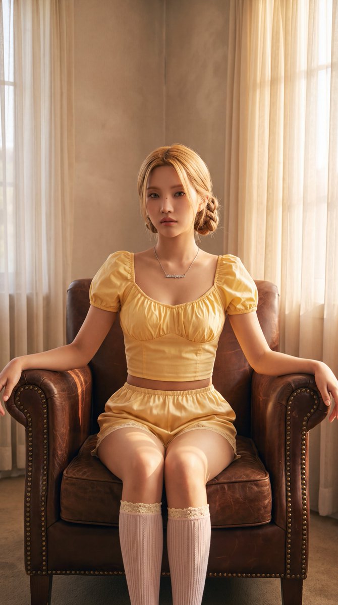 Golden Hour Milkmaid Portrait in a Leather Armchair — AI result, variation 3 of 4