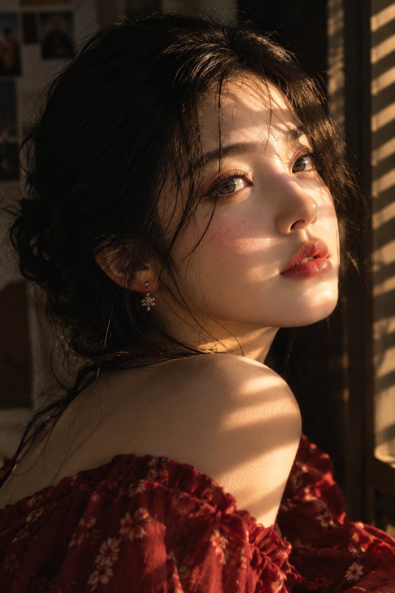 A young woman glances back over her bare shoulder while late sun cuts stripes of light and shadow across her face and red floral top. The moody, nostalgic glow…