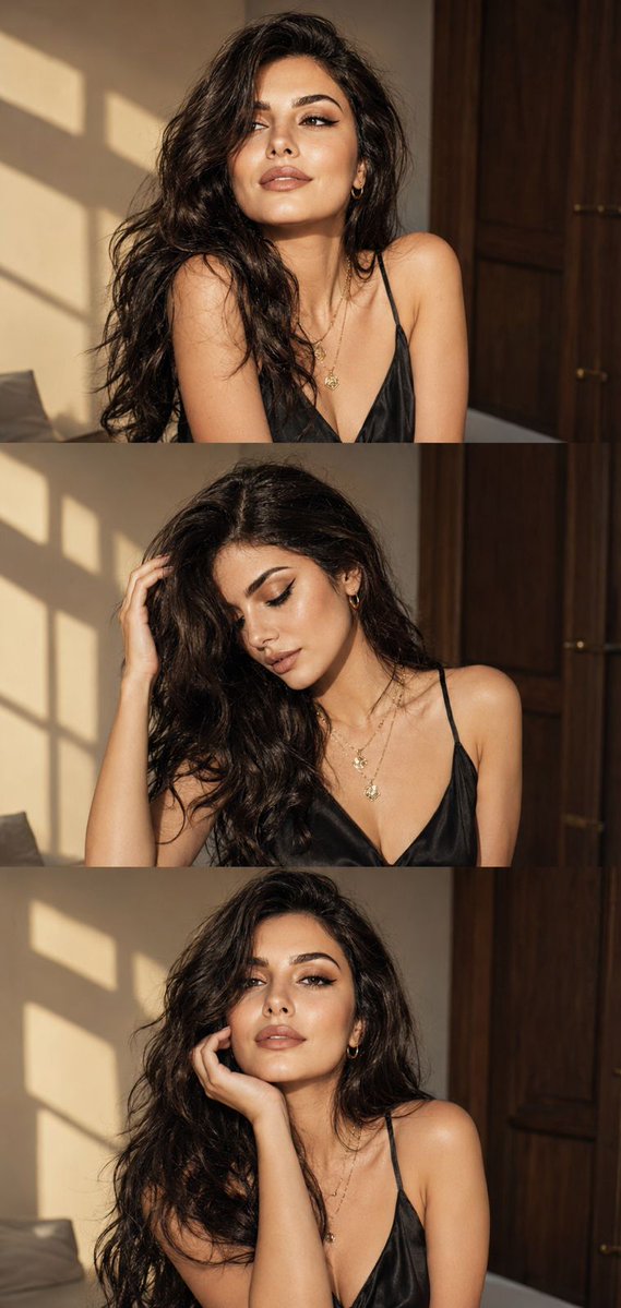 A vertical three-panel editorial of one woman in a black satin top and layered gold jewelry, shot in warm window light against beige walls. Each frame catches…