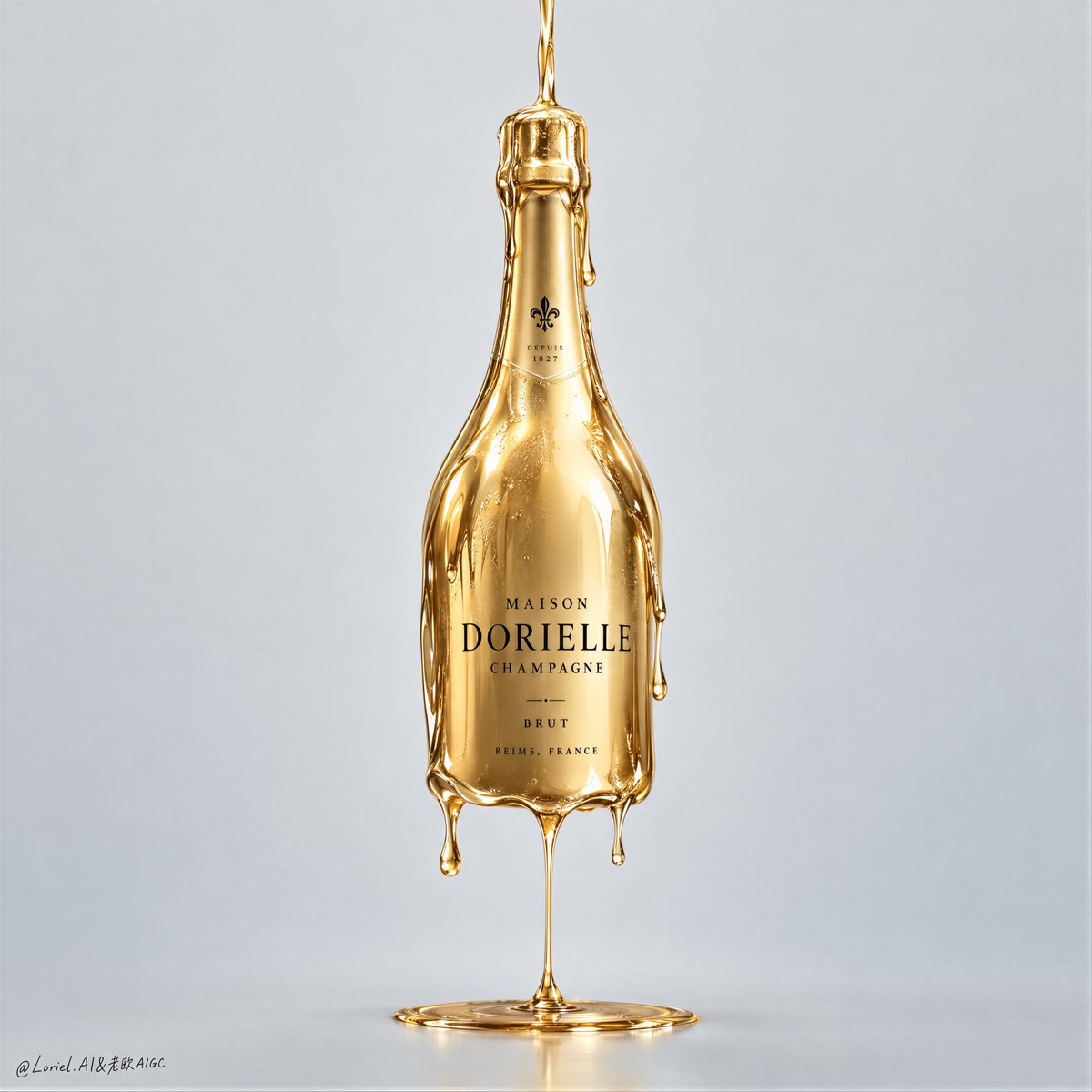 A sculptural champagne bottle coated in molten gold lacquer hangs centered on a pale grey field, one drip sliding into a glossy pool. The stillness and…