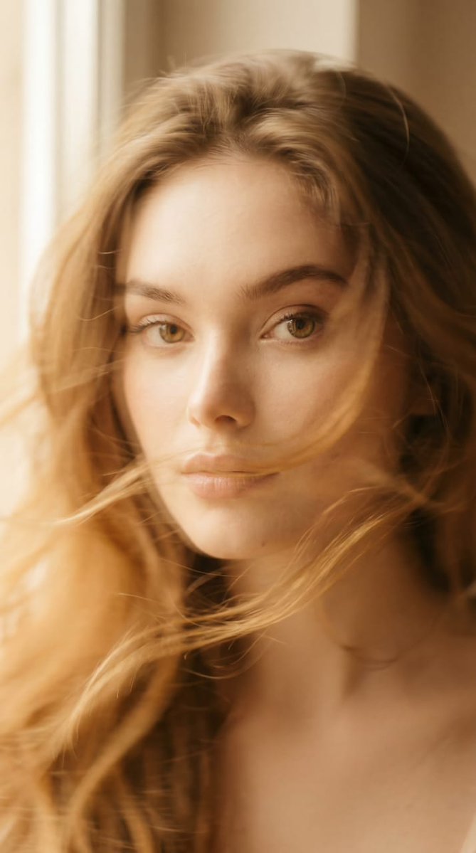 A soft, ghosted portrait where flowing light-gold hair and a half-blurred face seem caught mid-sway. Warm sepia and cream tones give it a dreamy, nostalgic…