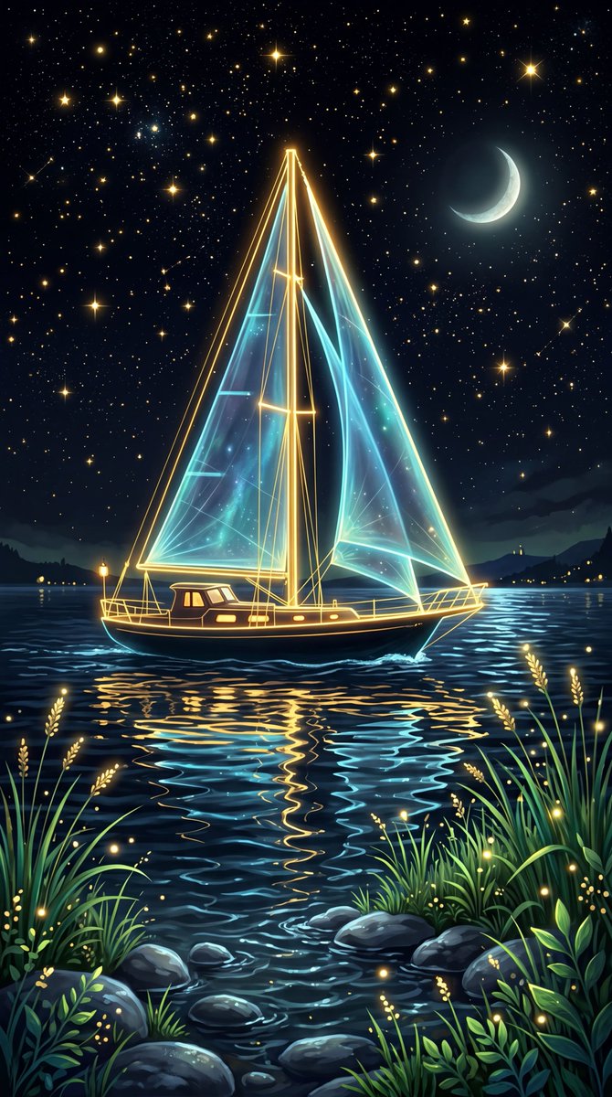 Golden-Outlined Sailboat on Night Water Fantasy — AI result, variation 2 of 2