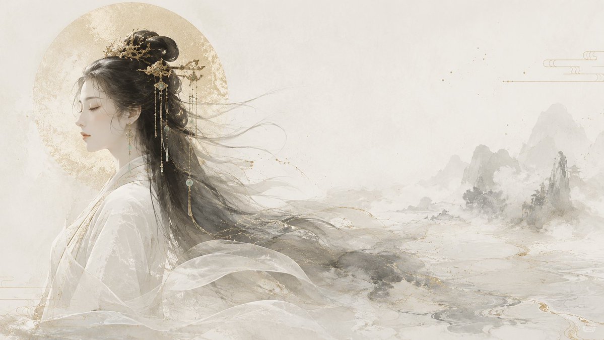 A horizontal fantasy poster of a serene, eyes-closed Eastern goddess in a gold phoenix crown, her hair dissolving into liquid gold and water ripples against a…