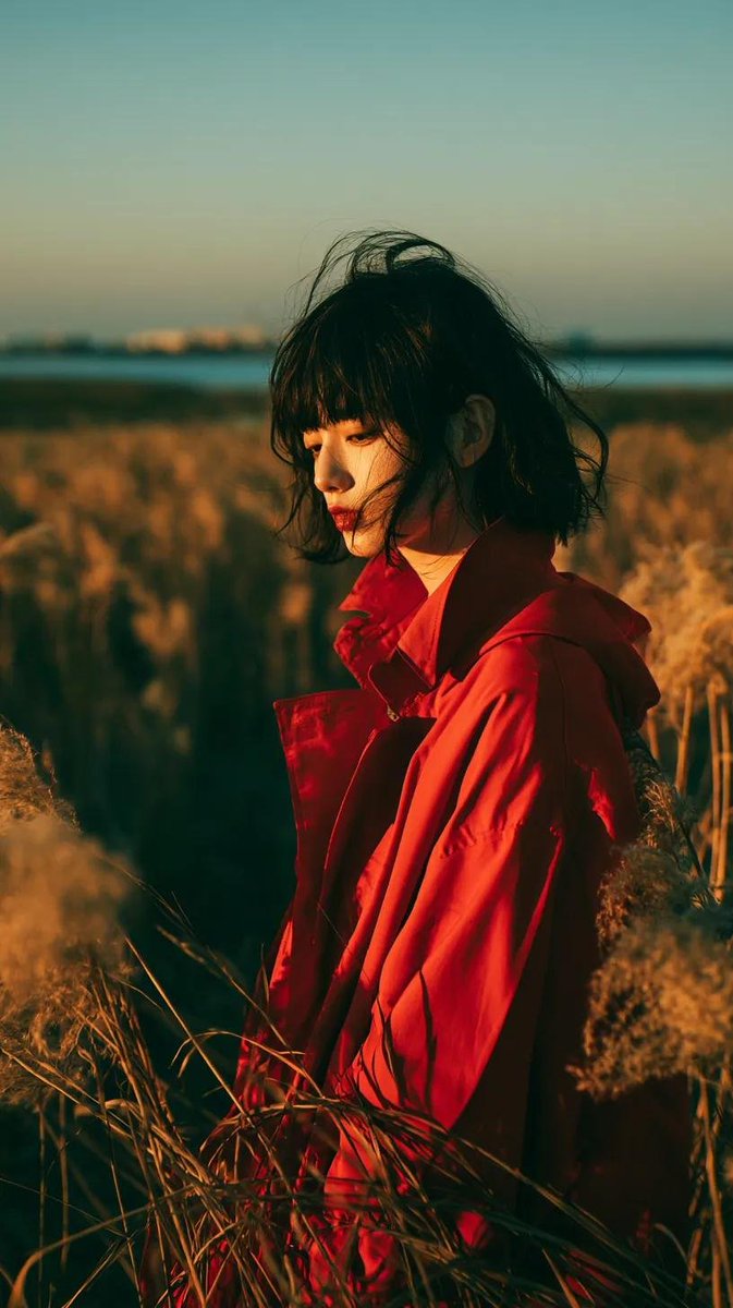Golden Reed Field Portrait With Crimson Coat — AI result, variation 2 of 3