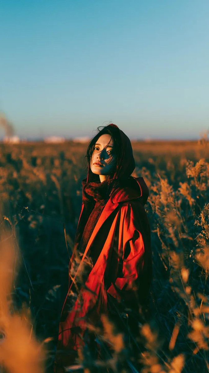 A lone figure in an oversized crimson trench coat stands in a field of tall golden reeds as the sun sinks low. Warm highlights sit on the face while the…