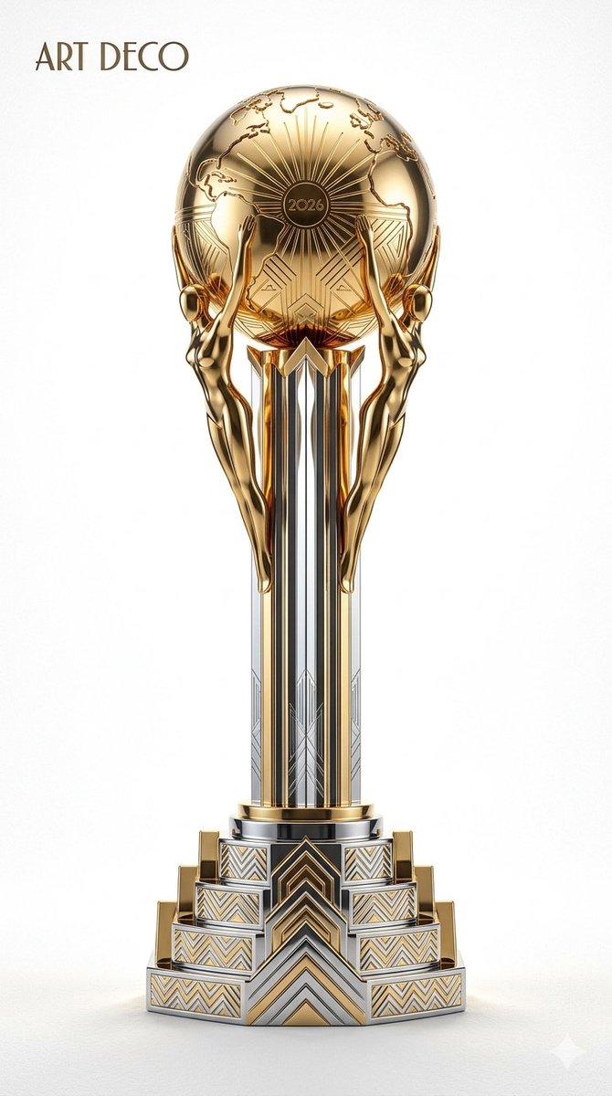 A gold World Cup-style trophy floats against a clean white studio backdrop, its form carved in the lines of a chosen architectural style. Dramatic lighting…