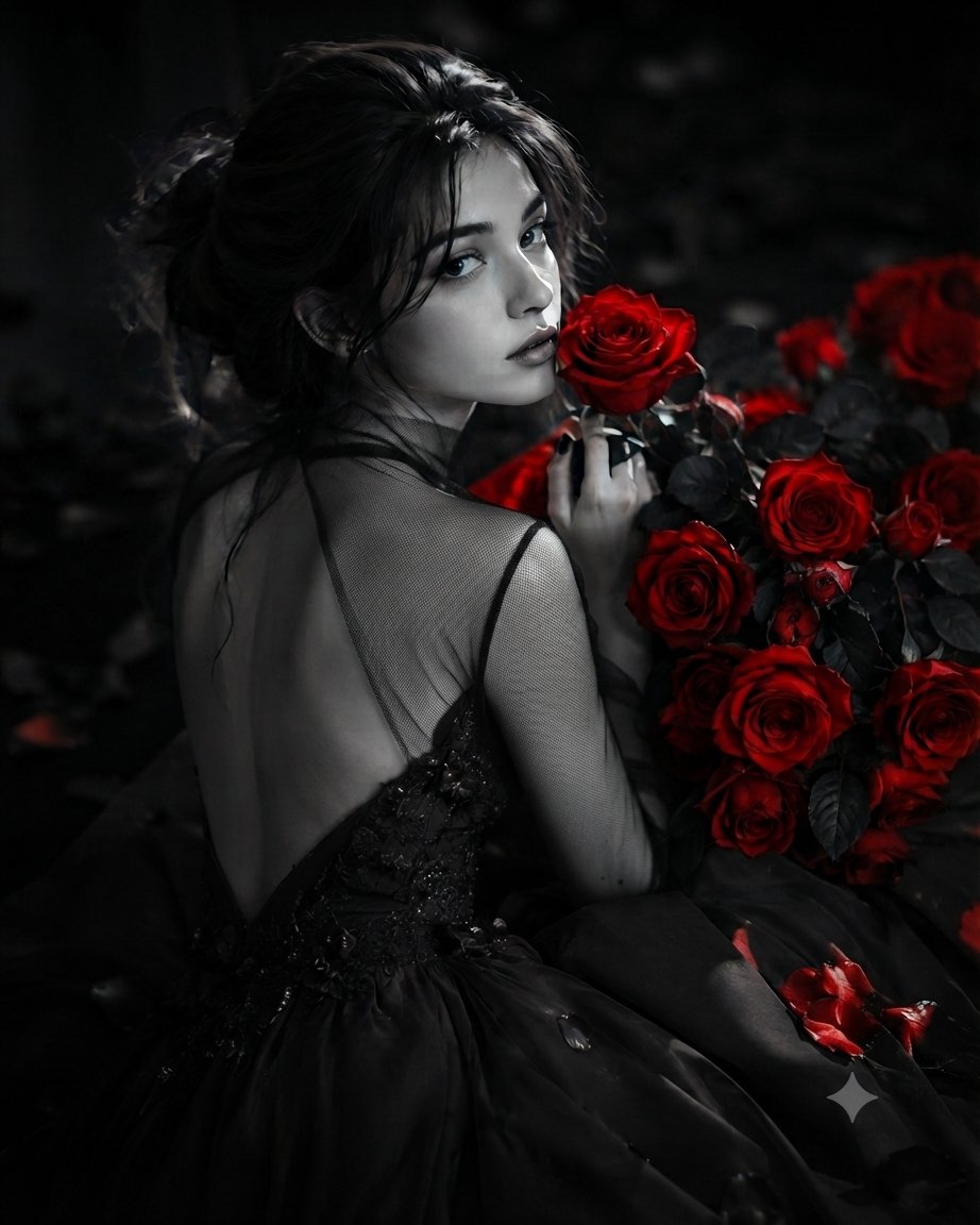 A moody portrait of a woman in a sheer-backed black gown holding a single red rose against a dark background. Desaturated tones make the crimson flowers the…