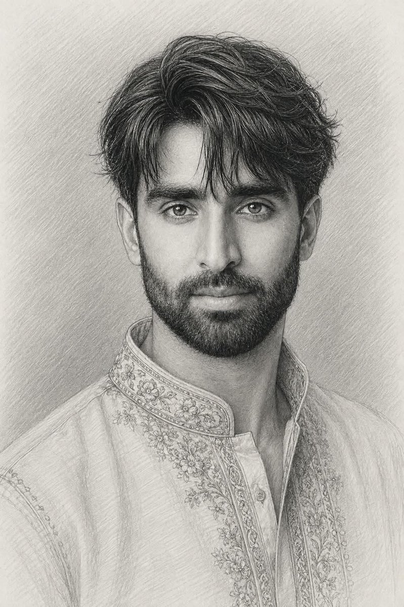 A hand-drawn style portrait in fine graphite on off-white paper, showing a young man in three-quarter view wearing an embroidered kurta. The soft…