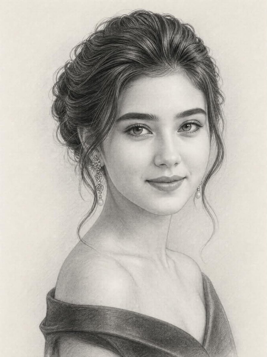 A three-quarter view portrait drawn in fine graphite and charcoal on off-white paper, with soft cross-hatched shading and a voluminous updo that carries…