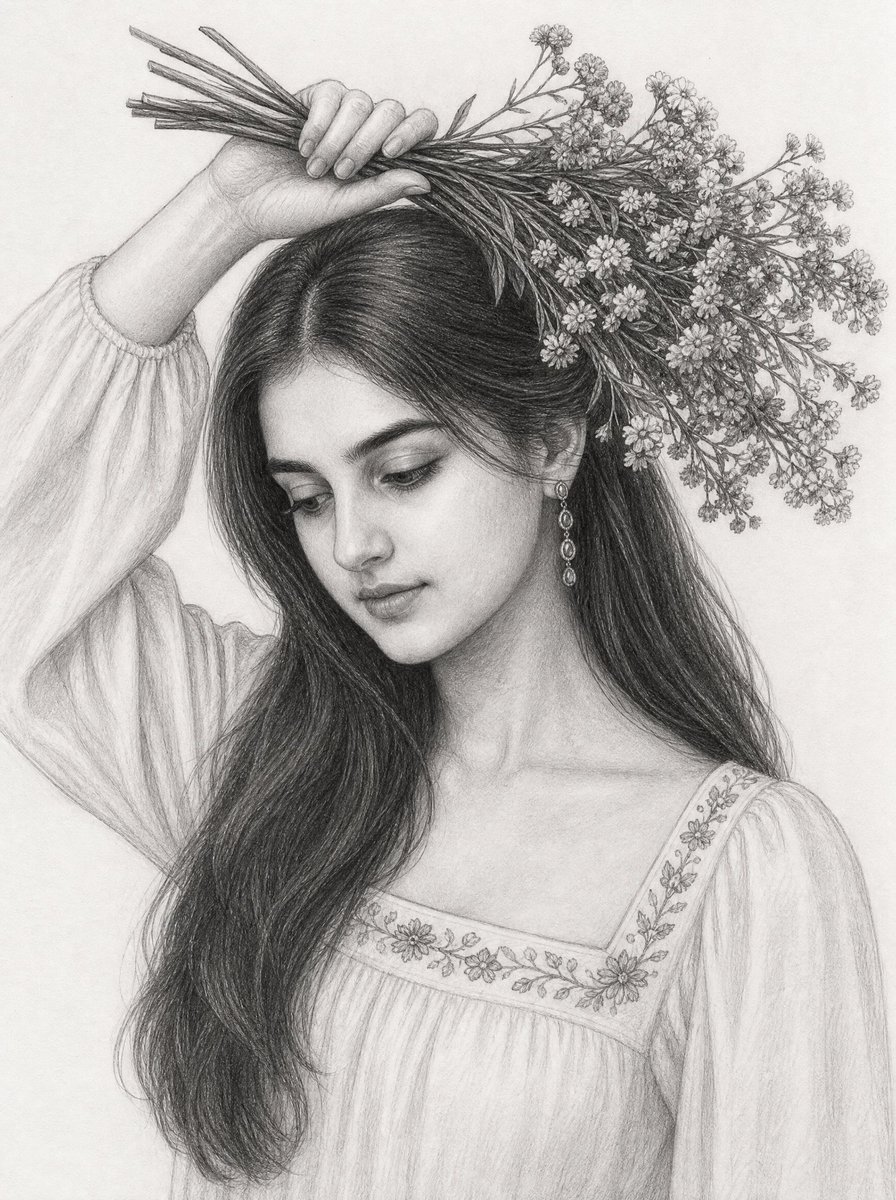 Graphite Sketch Portrait of a Woman With Floral Crown — AI result, variation 2 of 2