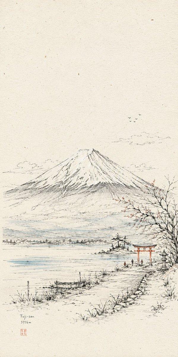 A fine-line travel journal drawing of the Great Hall of the People on warm off-white paper, with a few small colored accents marking the entrance and key…