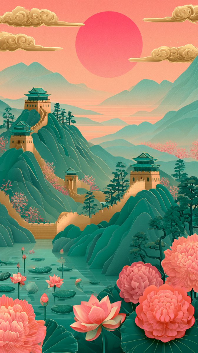 Great Wall Landscape in Pink and Gold Illustration — AI result, variation 2 of 2