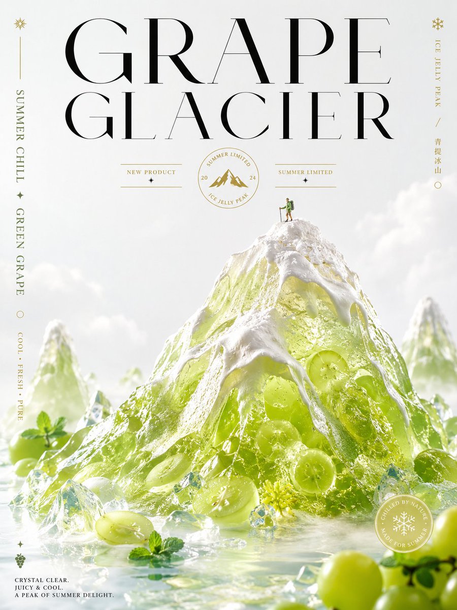 A tall poster of an ice-clear green grape jelly peak rising from mirrored water, with a serif headline and quiet white space above. The translucent mint and…