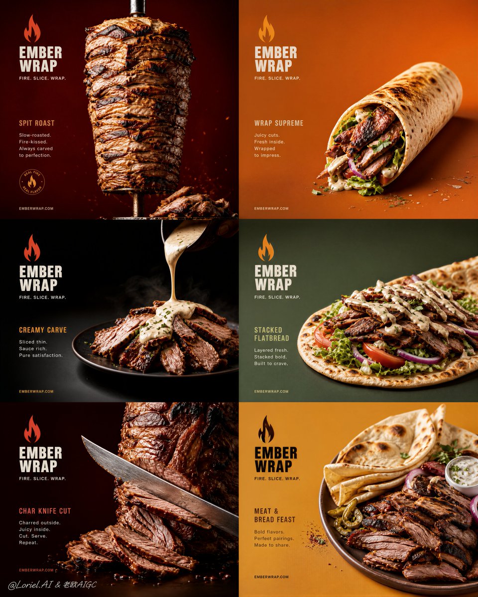 A six-panel poster in a 2x3 grid, each panel a different angle on charred meat and warm flatbread, unified by bold color blocks and roomy spacing. The food…