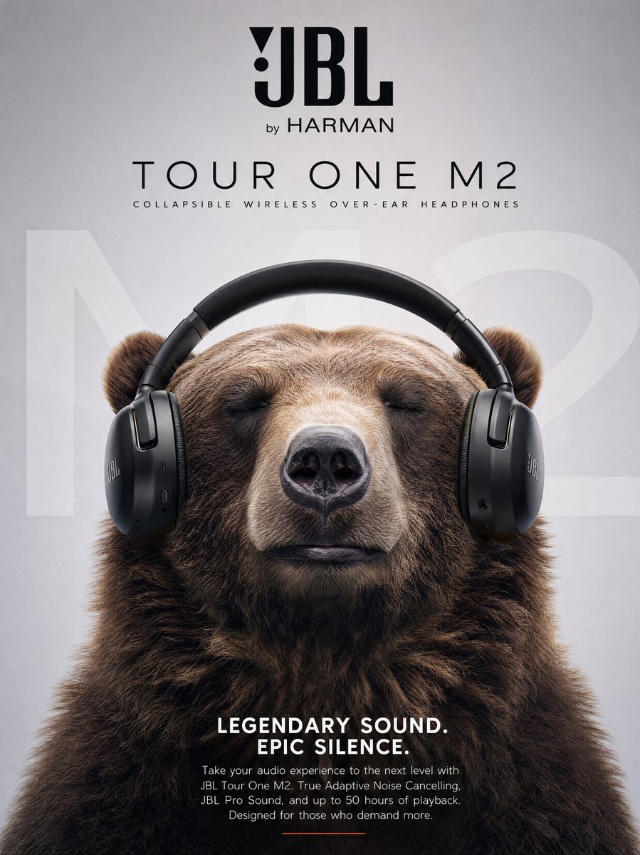 A massive grizzly sits centered on a pale gray gradient, eyes closed in a calm smile while wearing sleek matte black over-ear headphones. The studio polish and…