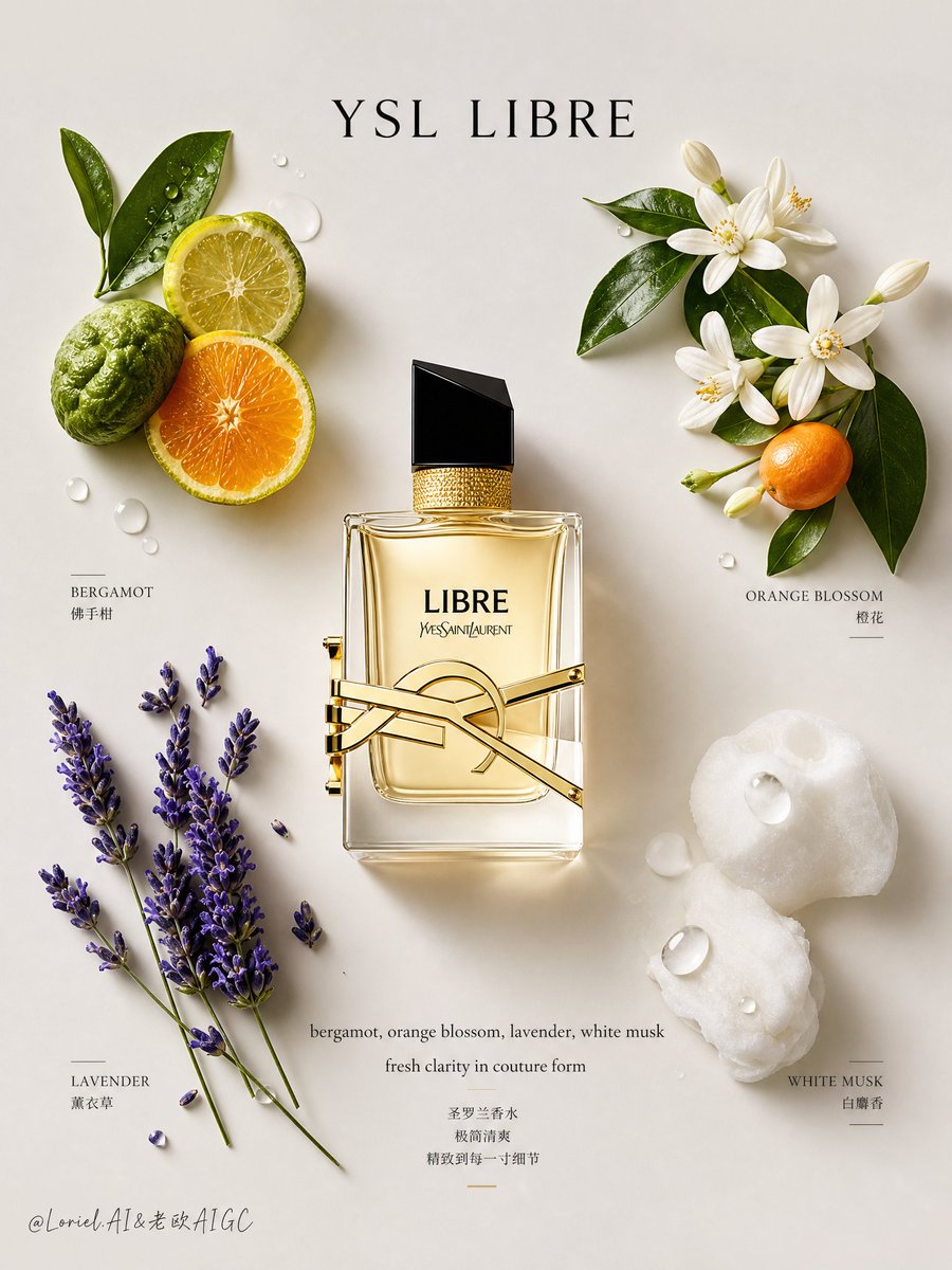A pale ivory board lets a transparent gold Guerlain bottle sit at the center, ringed by citrus, neroli, basil and white musk notes laid out in open, flat-lay…