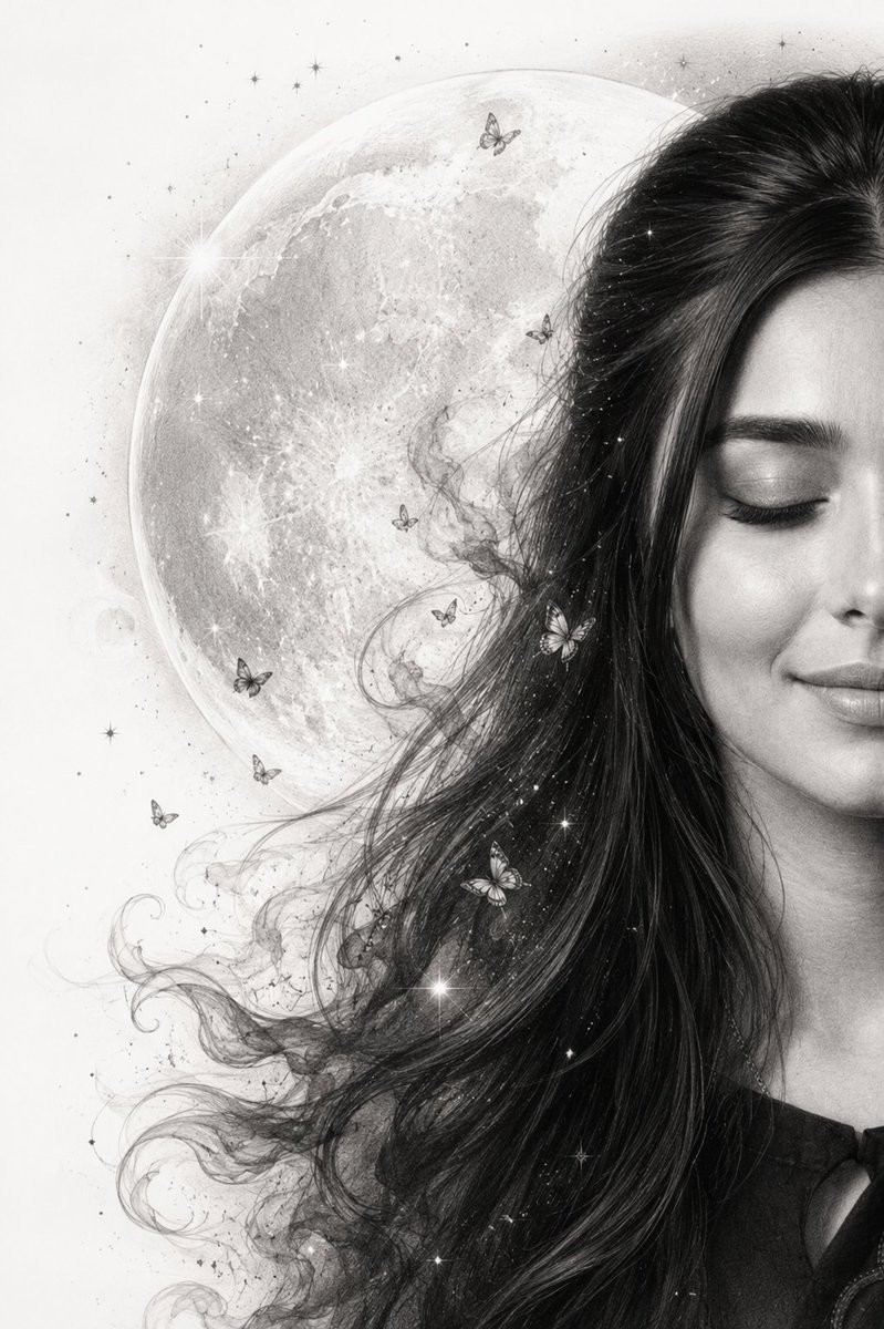 A monochrome graphite portrait of a serene half-face on white paper, with a huge moon behind it and hair that turns into smoke, stars, and butterflies. The…