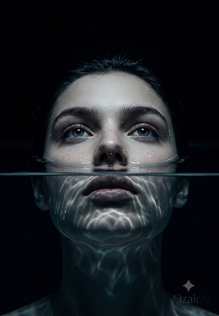 A face rises from still black water, lower half hidden beneath the surface while upturned eyes stare into the lens. Caustic light patterns dance across the…