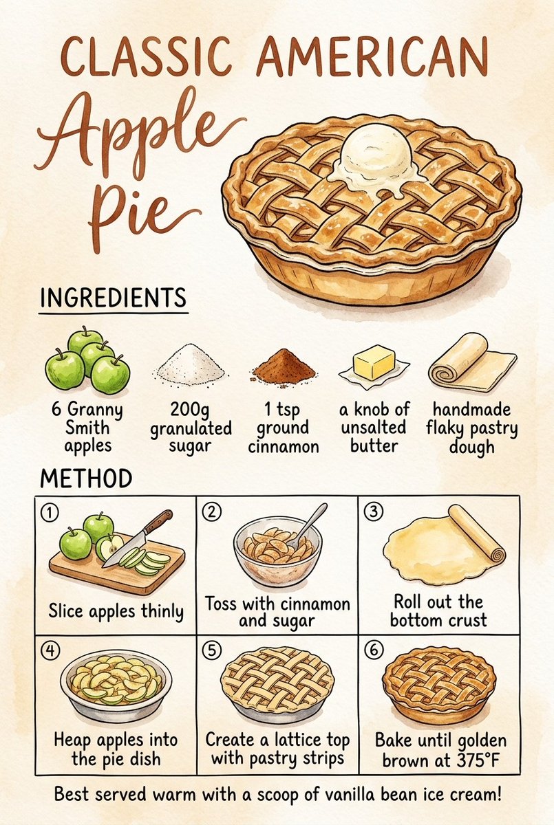 Hand-Drawn Apple Pie Watercolor Recipe Card — AI result, variation 2 of 2