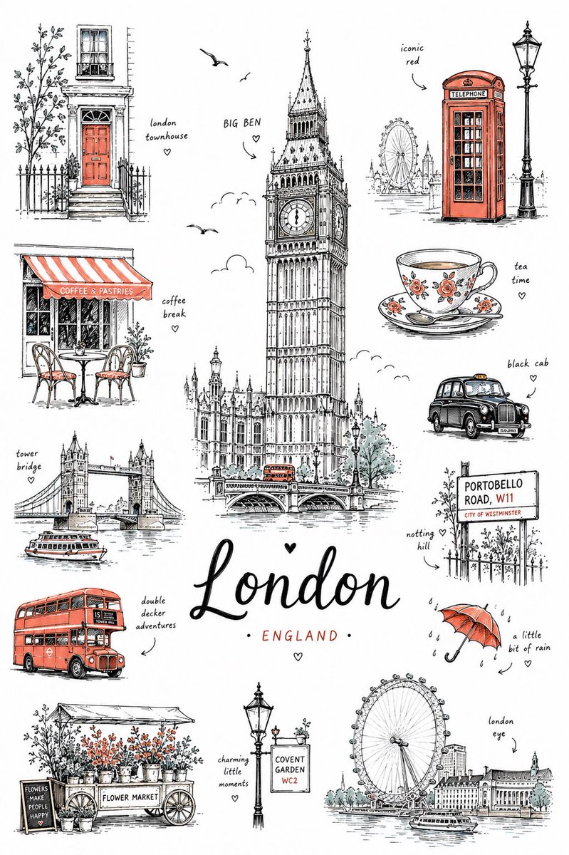 A city poster drawn in loose black ink lines on a clean white page, built around one large landmark with small sketched details around it. A single accent…