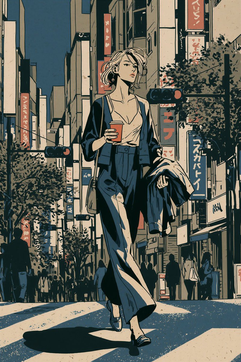 A single narrative anime scene drawn with ink contours, flat local colour and simple graphic shadows, with a fashion-led wardrobe and a clear sense of story.…