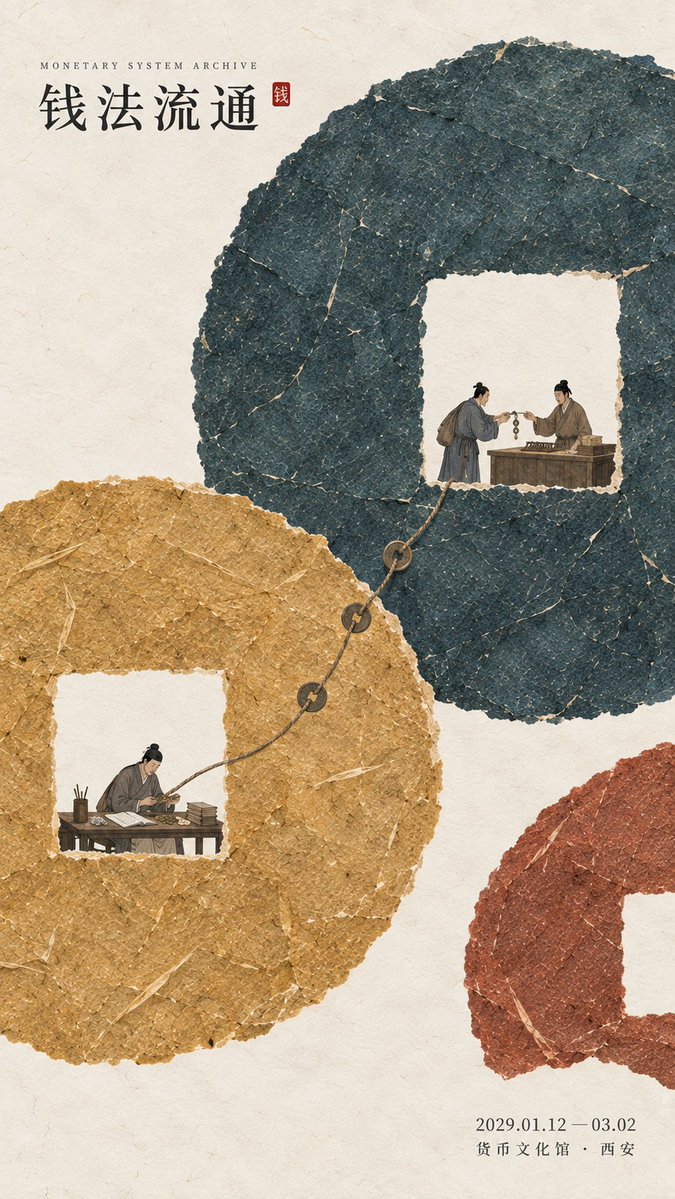 Large matte paper blocks in ink-teal, gold-ochre and cinnabar interlock across a warm ivory field, with tiny figures in real action hidden inside the color.…