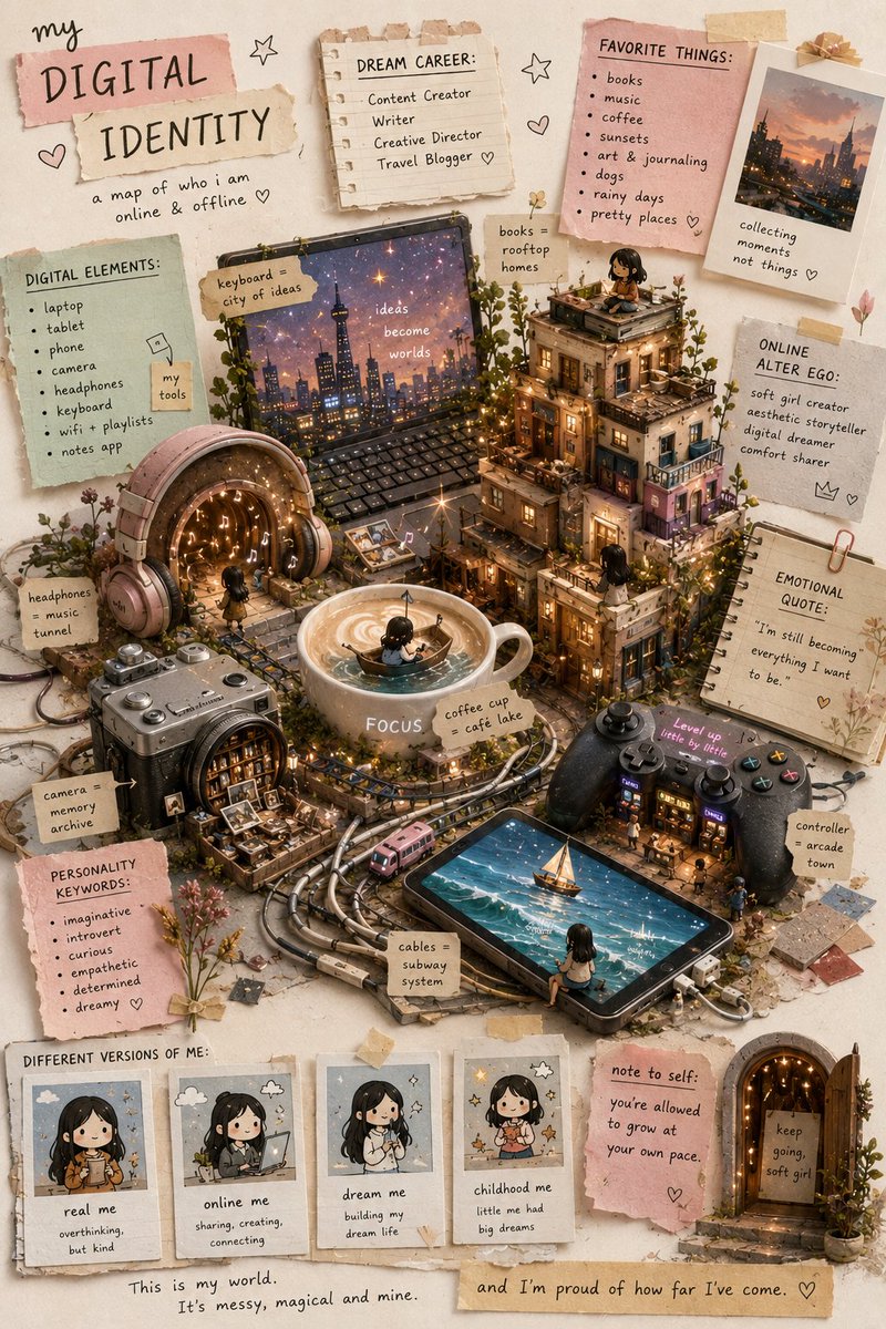 A cream-paper scrapbook where everyday objects turn into miniature cities, rooftop homes and tunnels, with doodle figures wandering between them. Each tiny…