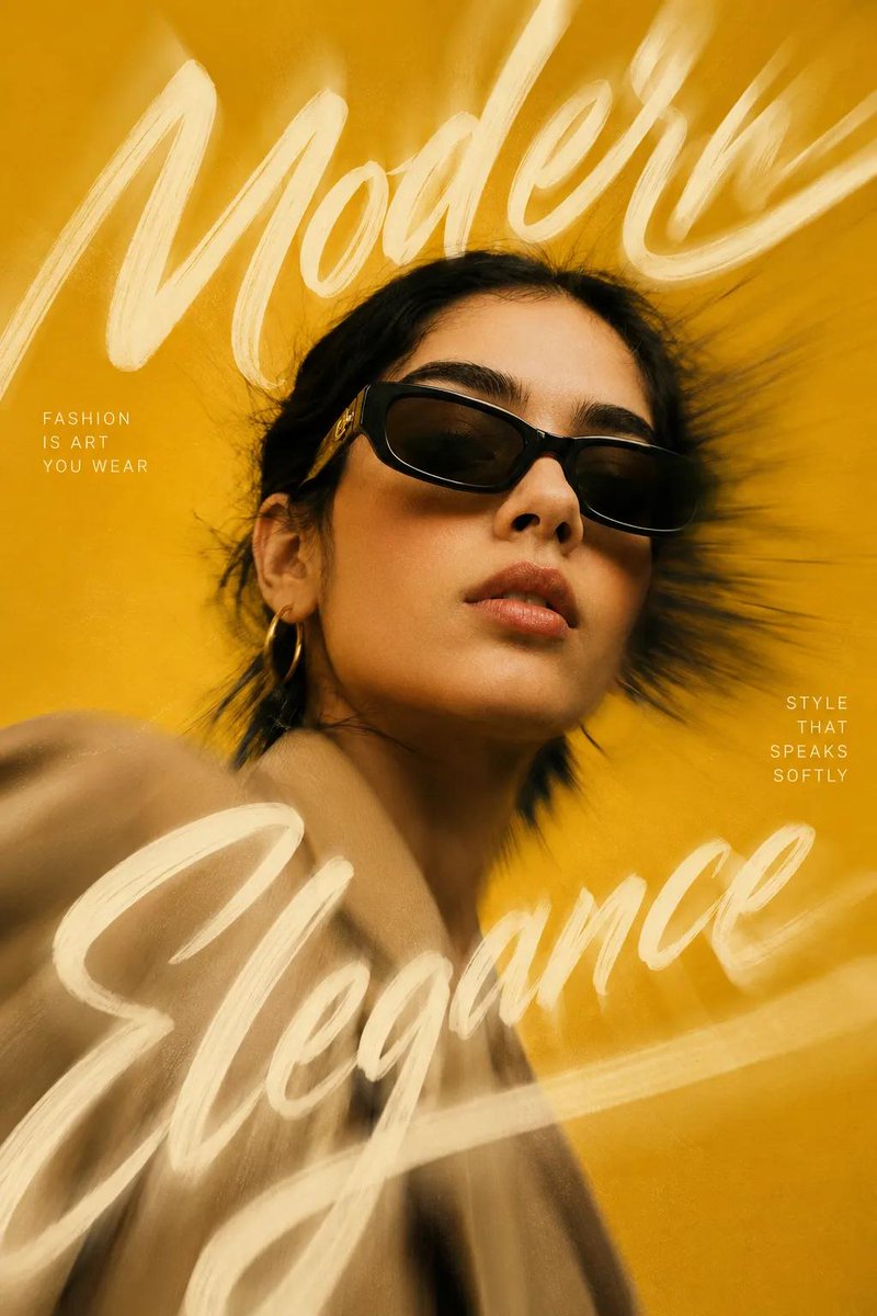 A close-up fashion portrait with oversized sunglasses and a radial zoom blur that keeps the face sharp. A handwritten headline weaves behind and in front of…