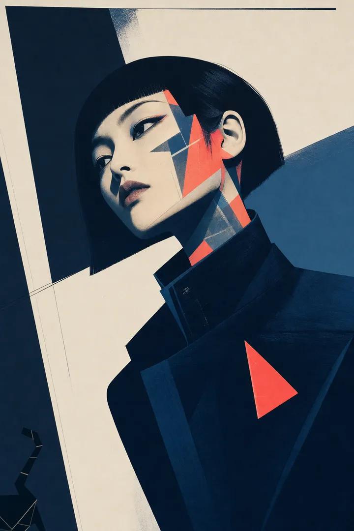 A three-quarter profile of a young woman with crisp contours set against luminous geometric shapes that seem to glow from beneath her skin. The screen-print…