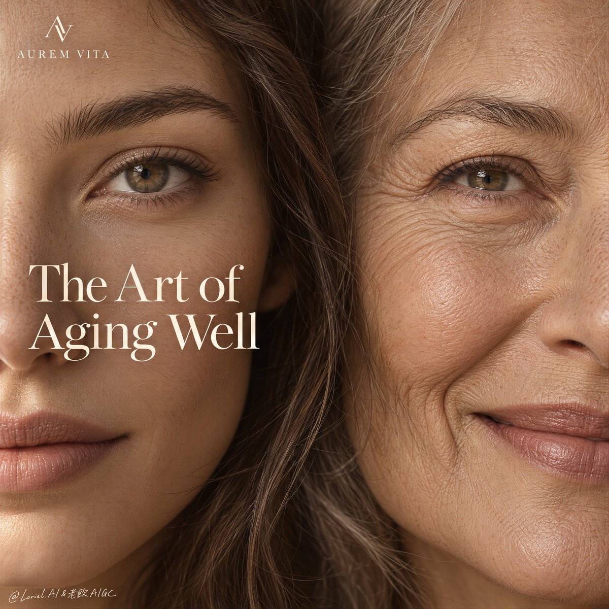 Two adult women fill the frame in a tight, edge-to-edge crop, their faces meeting at a soft center seam. Warm window light reveals pores, fine lines and…