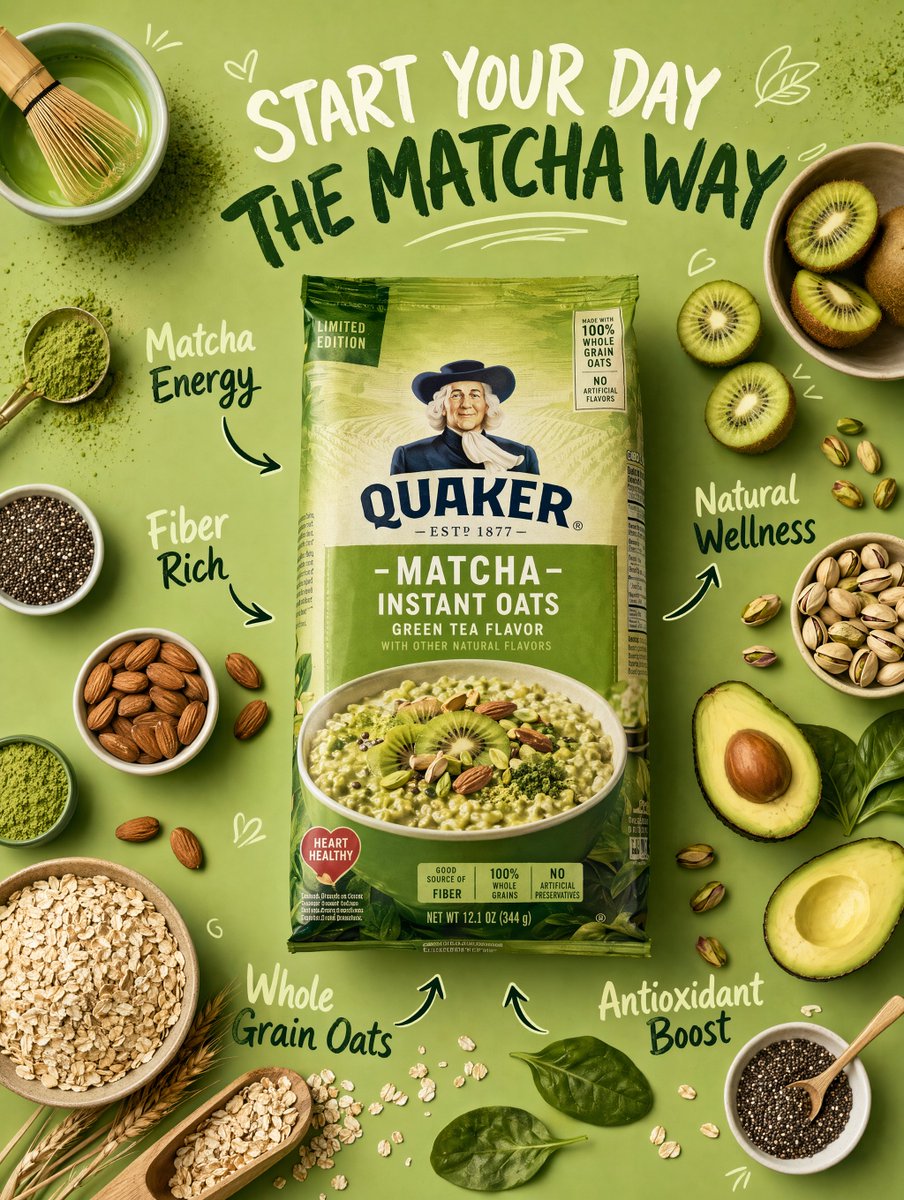 A top-down advertising poster with a packaged breakfast product centered, surrounded by oats, seeds and fruit, and framed by infographic labels. The whole…