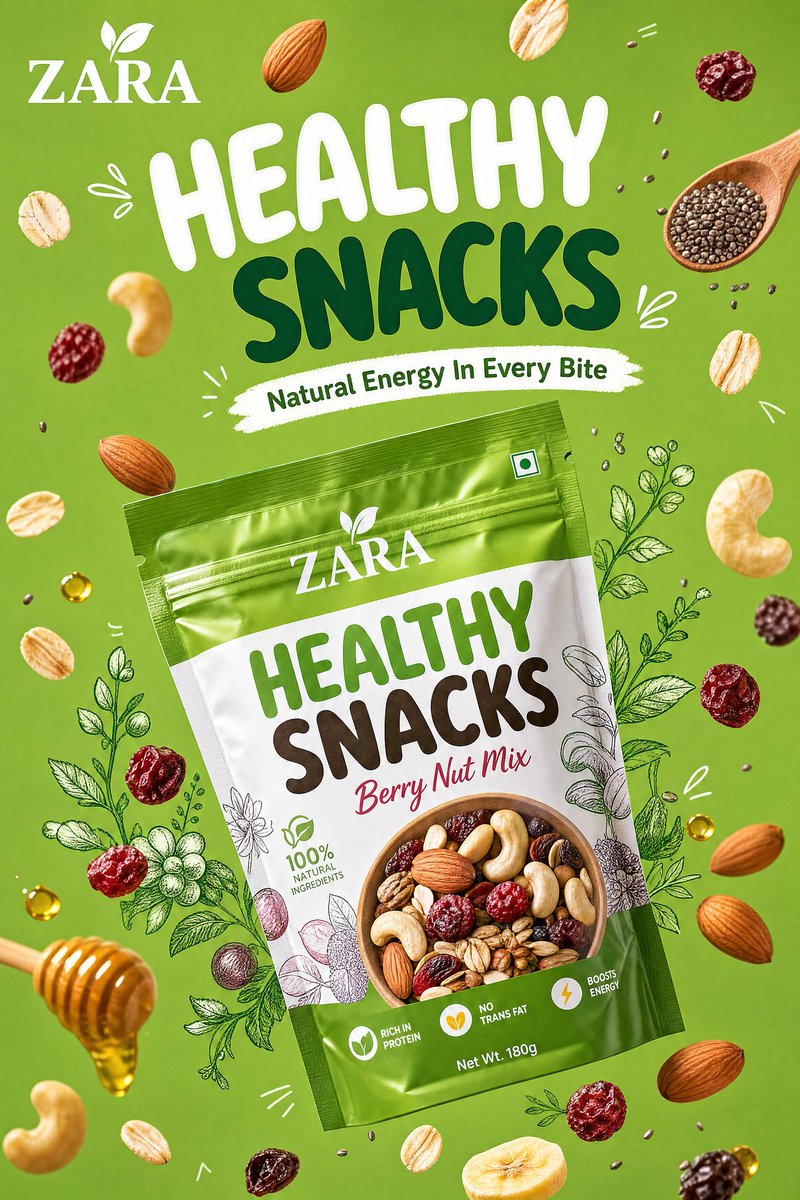 Healthy Snack Package Ad Poster with Floating Ingredients — AI result, variation 2 of 2