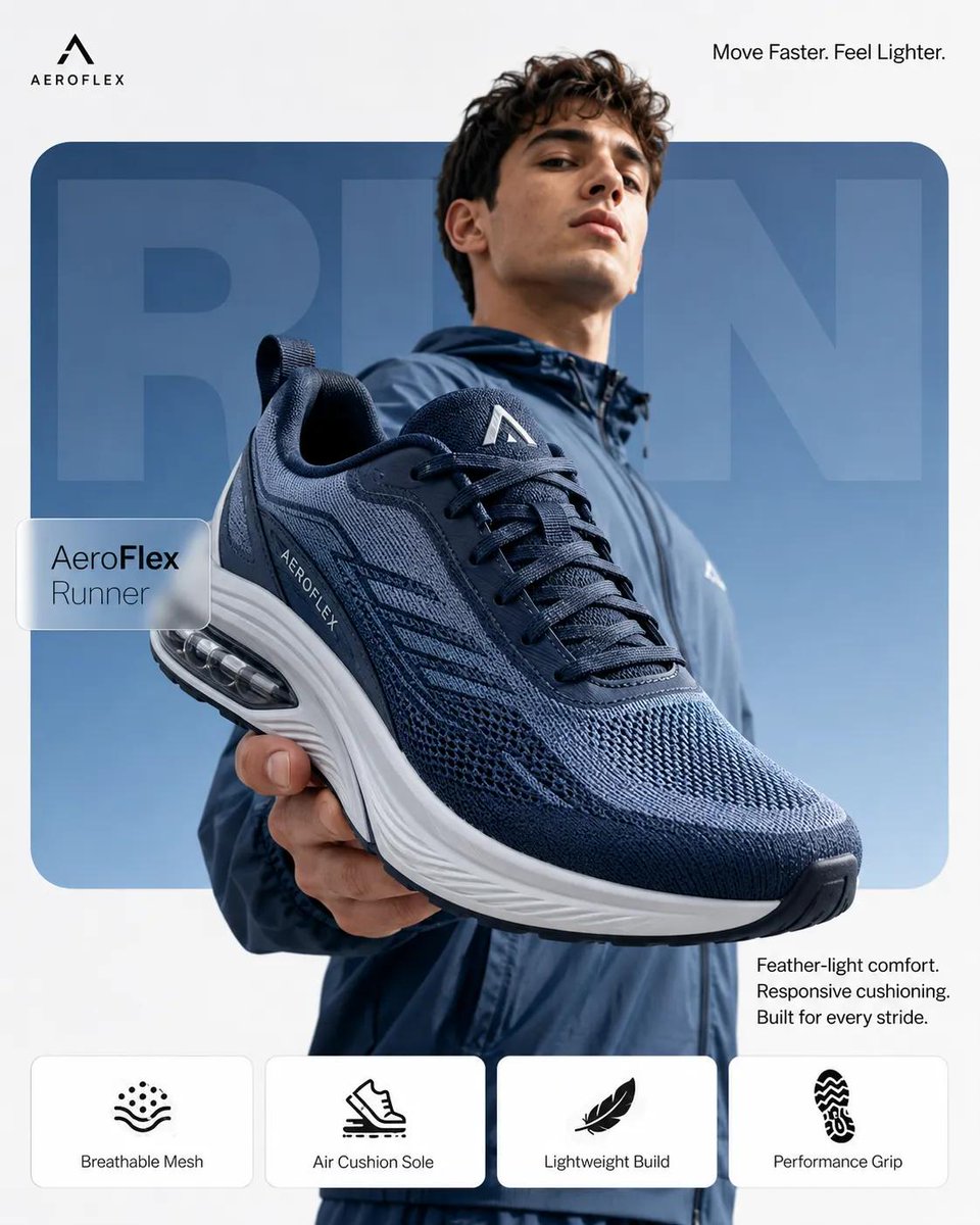 Hero Product Ad Poster With Model and Feature Cards — AI result, variation 4 of 4