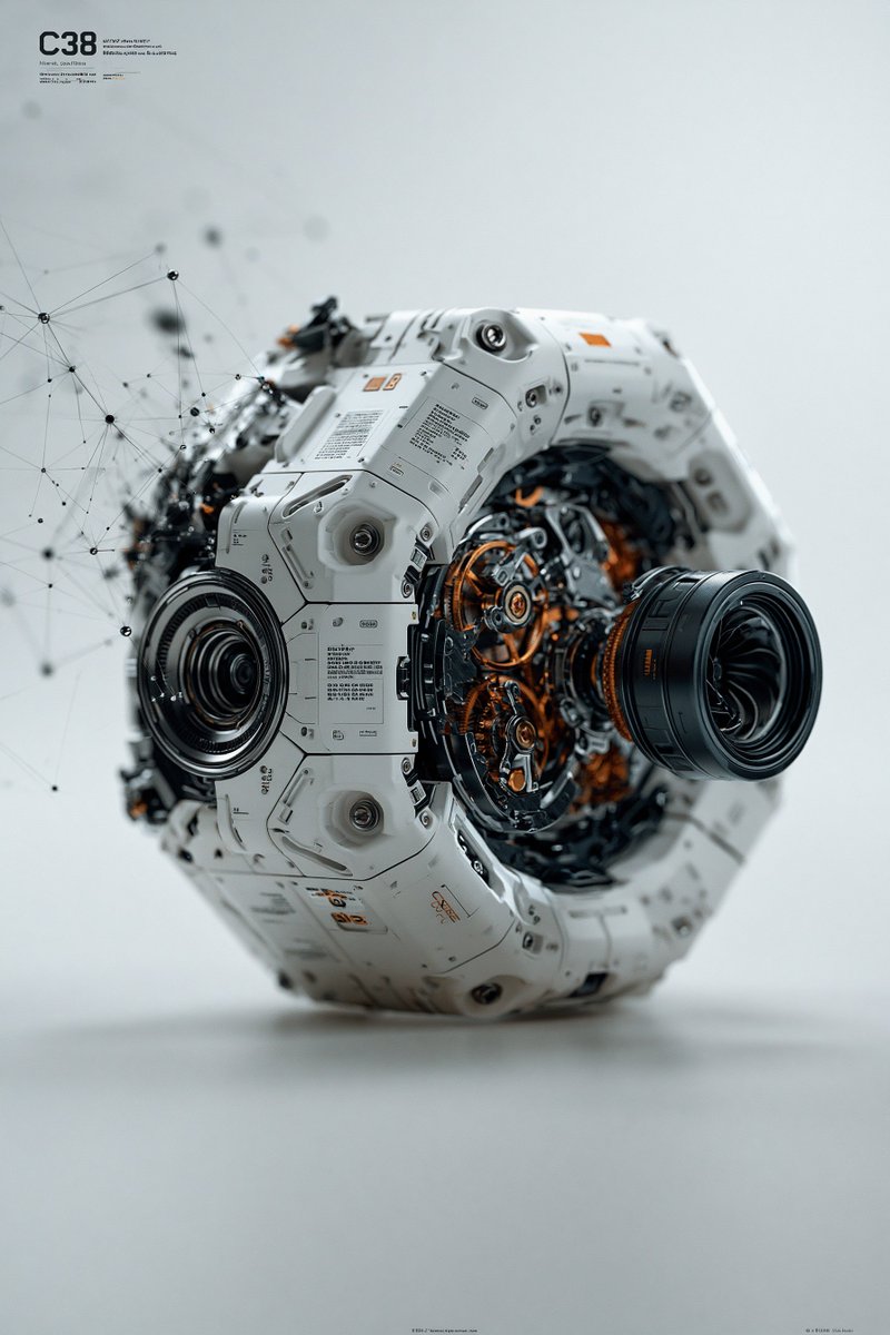 A white hexagonal housing splits open to show gunmetal gears and a dark turbine lens, fading on one side into a thin wireframe network. The contrast between…