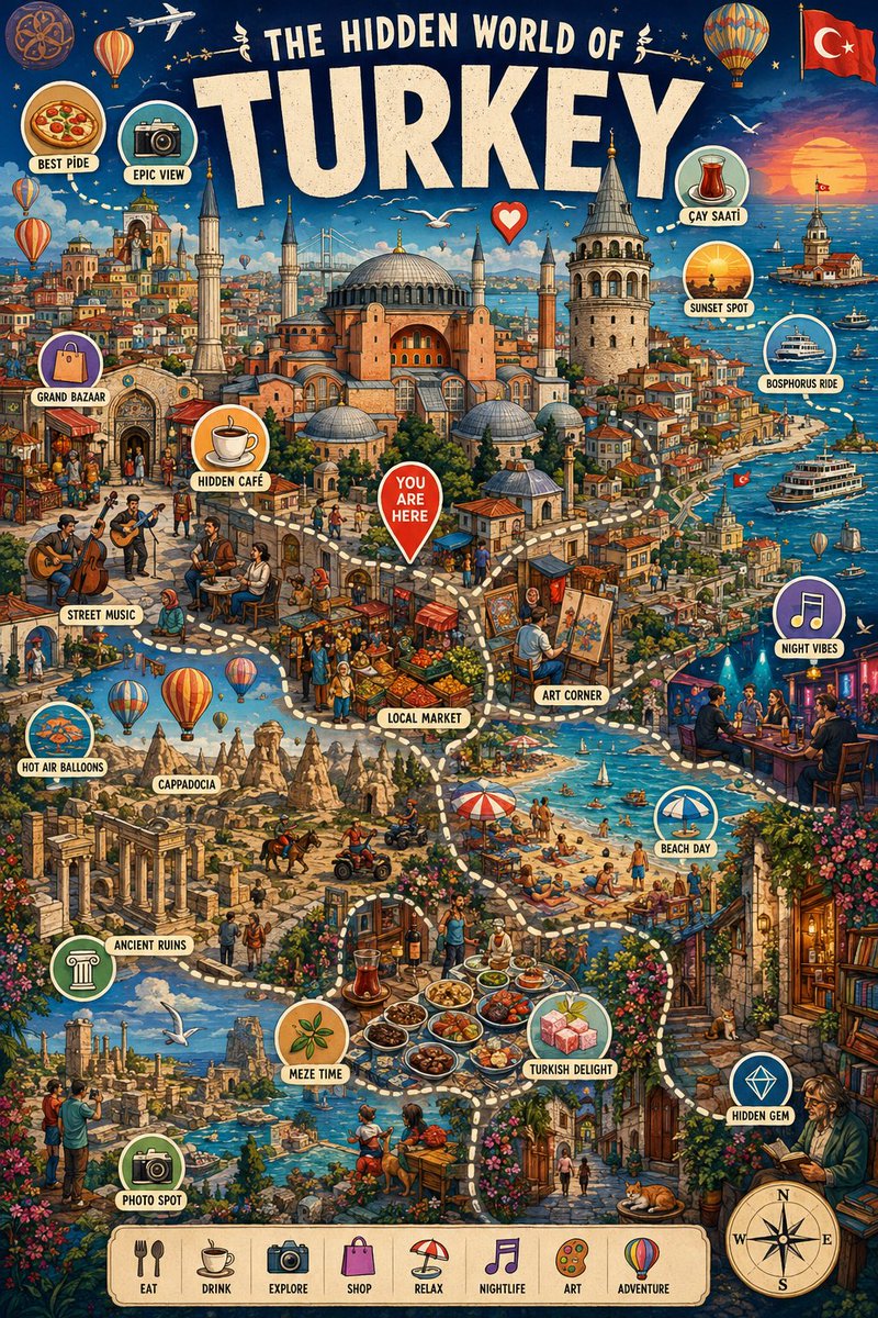 A vertical illustrated city map packed with oversized icons, tiny hidden scenes, and only a few words of label text. Each corner rewards a closer look, with…