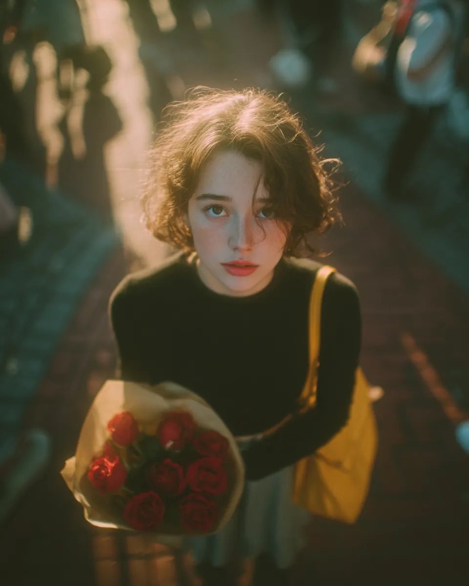 High-Angle Rose Bouquet Portrait on Brick Path — AI result, variation 2 of 3