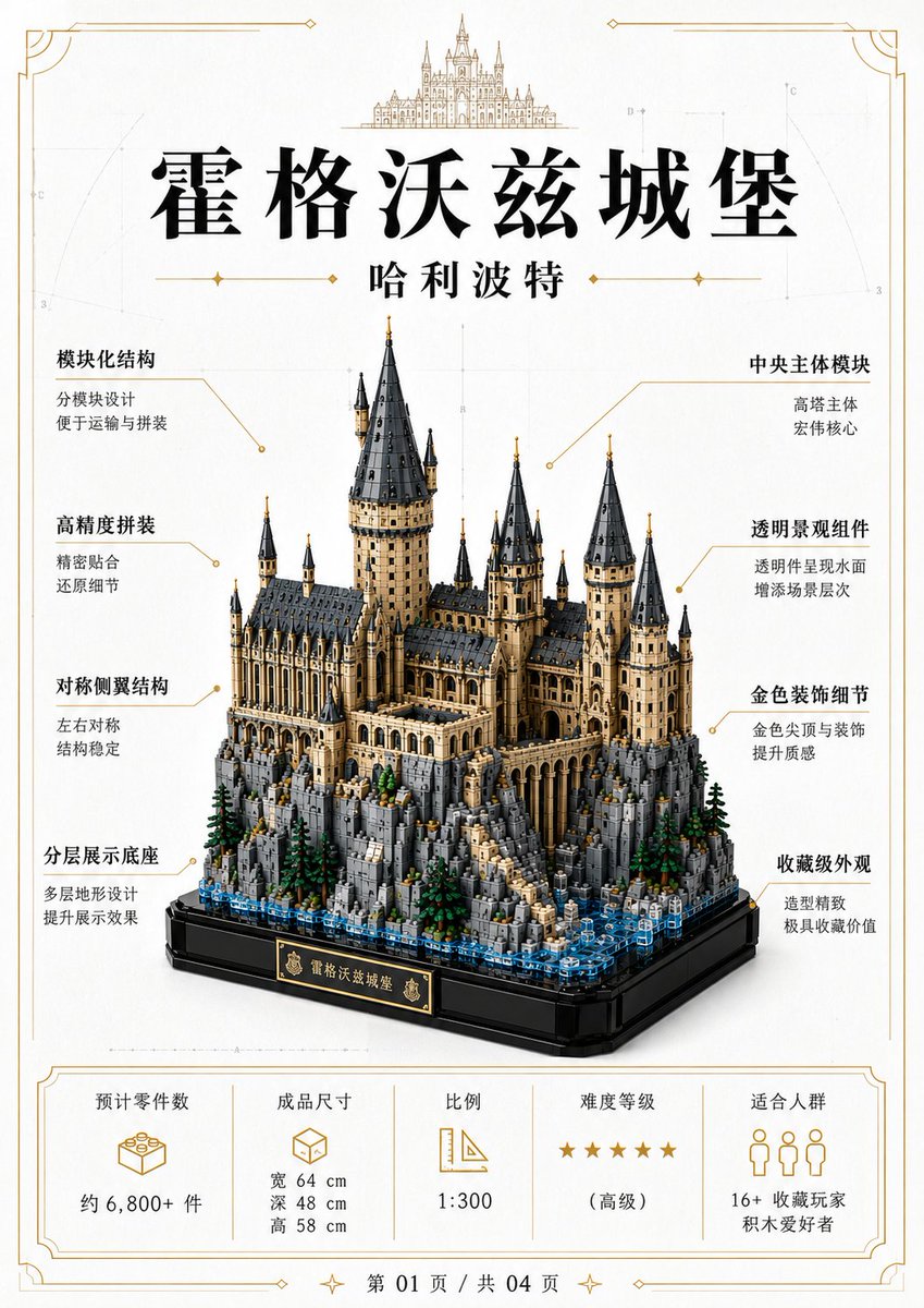 A four-page Chinese production blueprint for a Hogwarts Castle block model, drawn in a white, black and gold collector's style. It shows orthographic views, an…