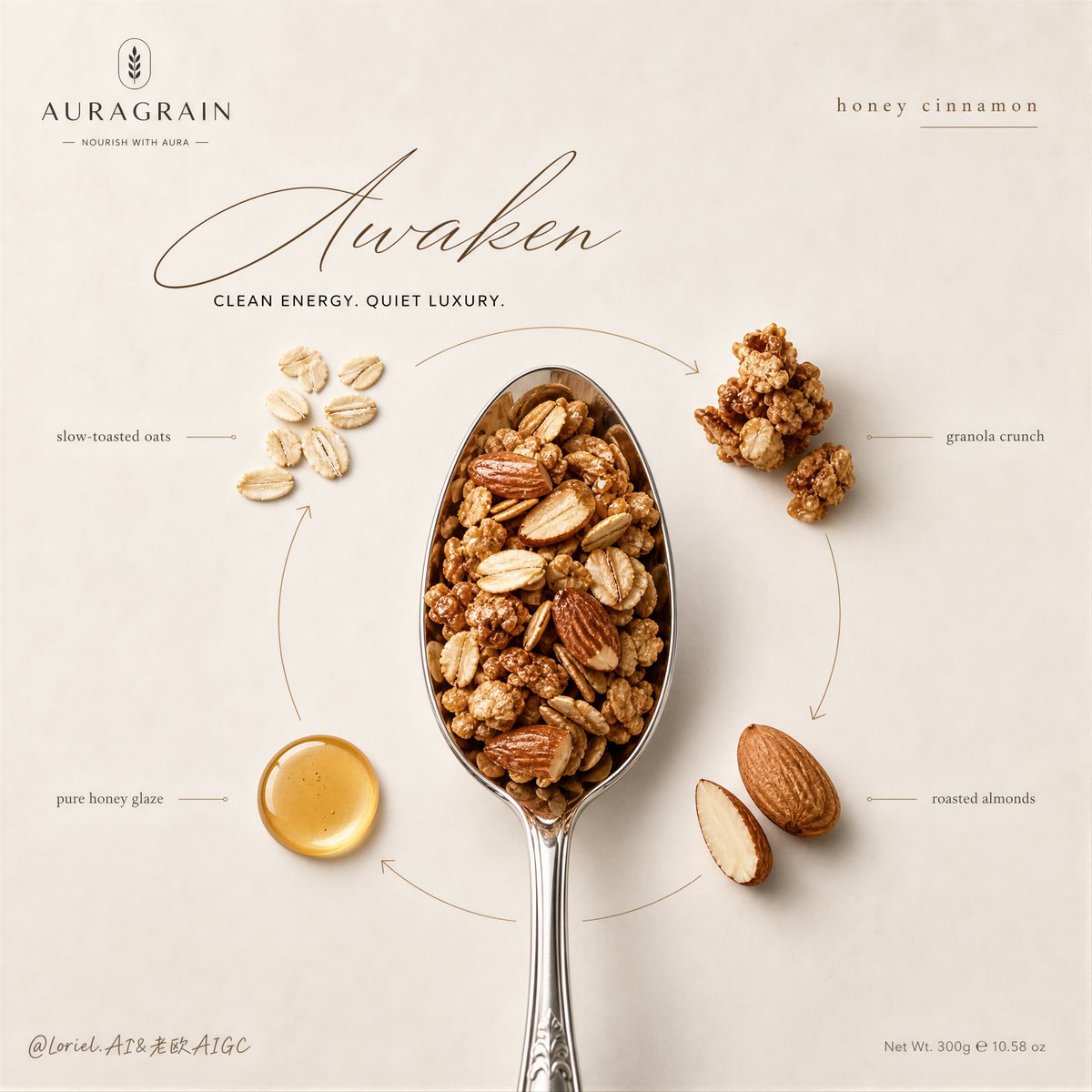 A centered silver spoon holds glossy honey cinnamon granola, with oats, clusters, almonds and a drop of honey arranged in a quiet orbit. The result reads as a…