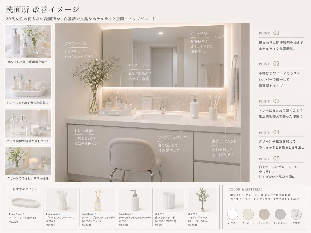 A room photo turned into a calm, hotel-like proposal board with a charcoal, gray and walnut palette. Close-ups, numbered improvement points and handwritten…