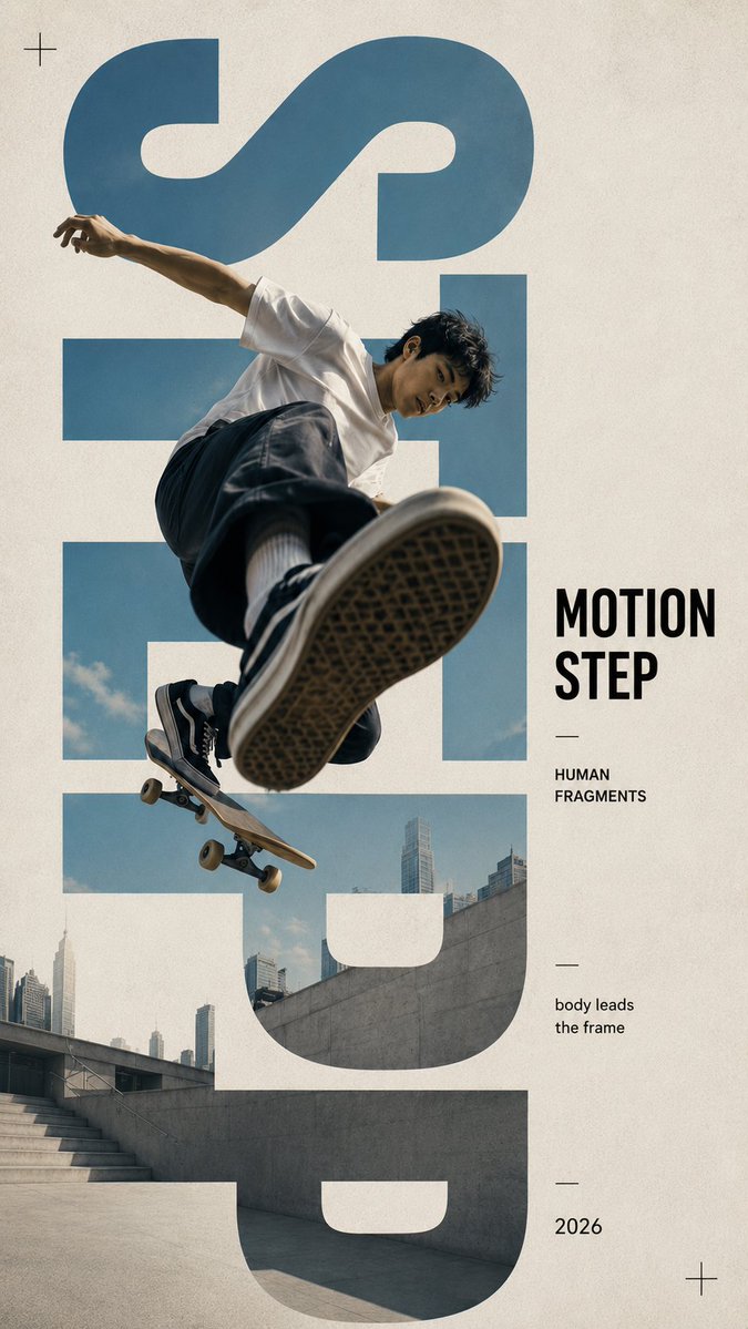 A tall editorial poster where giant letters frame a single person in motion, with the figure cutting through the typography edges. Warm realistic light and…