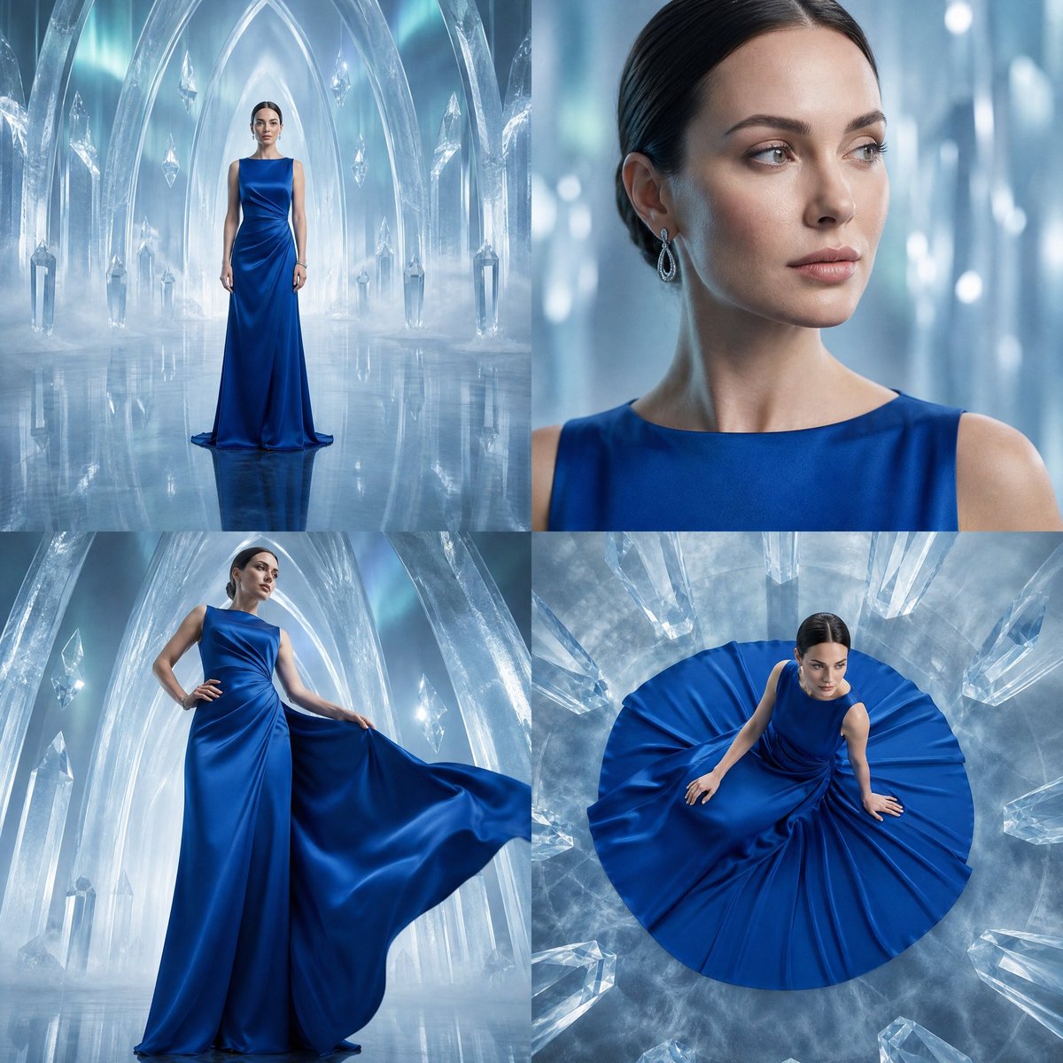 Four panels of one model in a sapphire satin gown, each shot from a different lens and angle, set in a mirror-floored palace of frozen walls and crystal forms.…
