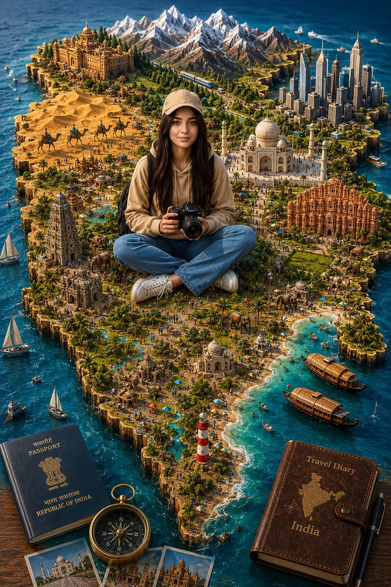 A raised map of India sits in clear water, ringed with tiny landmarks, desert caravans, Himalayan peaks and beaches, with a photographer at the center. The…