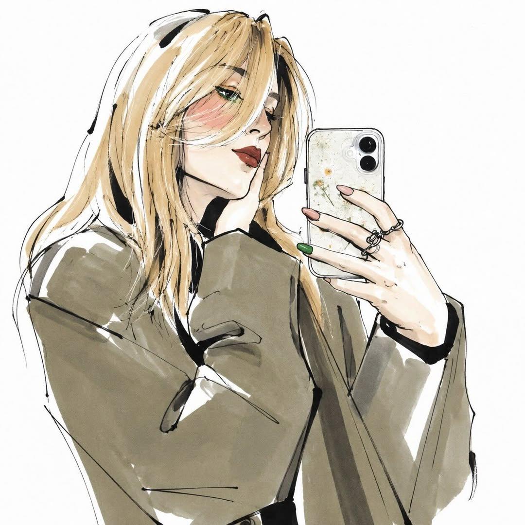 A photo becomes a loose, graphic fashion sketch with bold black linework, flat marker color blocks and long, elegant proportions. The face keeps its character…