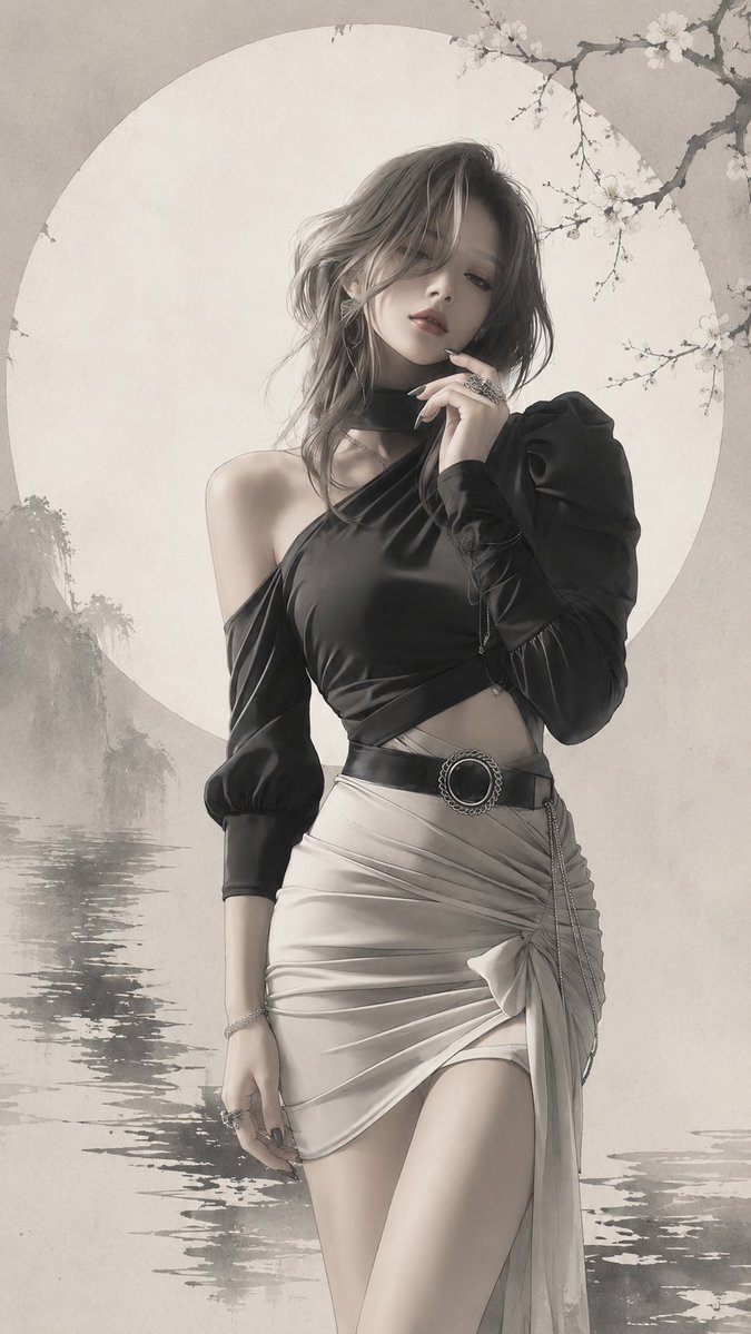 A slender figure rendered in cool gray, misty ivory and ink black, set in a quiet field of negative space. Soft cel-shading meets ink-wash texture, so the…