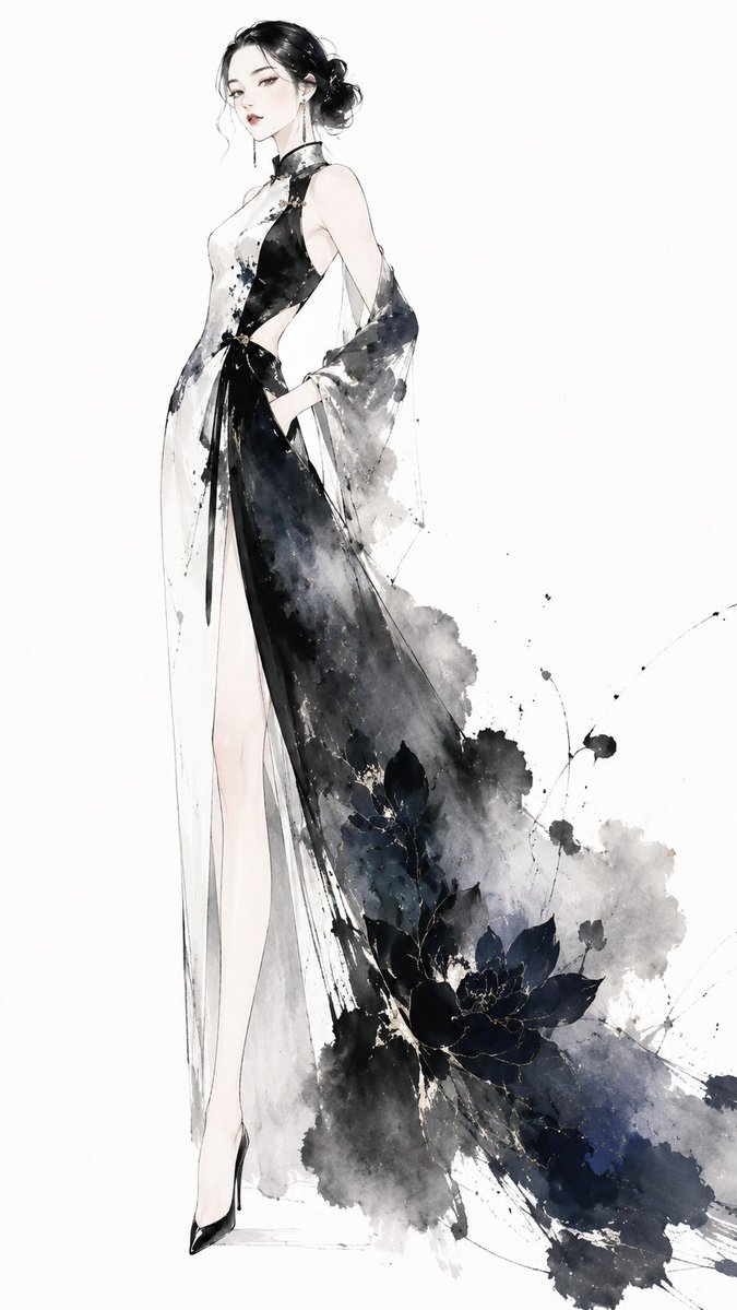 Ink Wash Eastern Couture Muse Fashion Illustration — AI result, variation 3 of 4