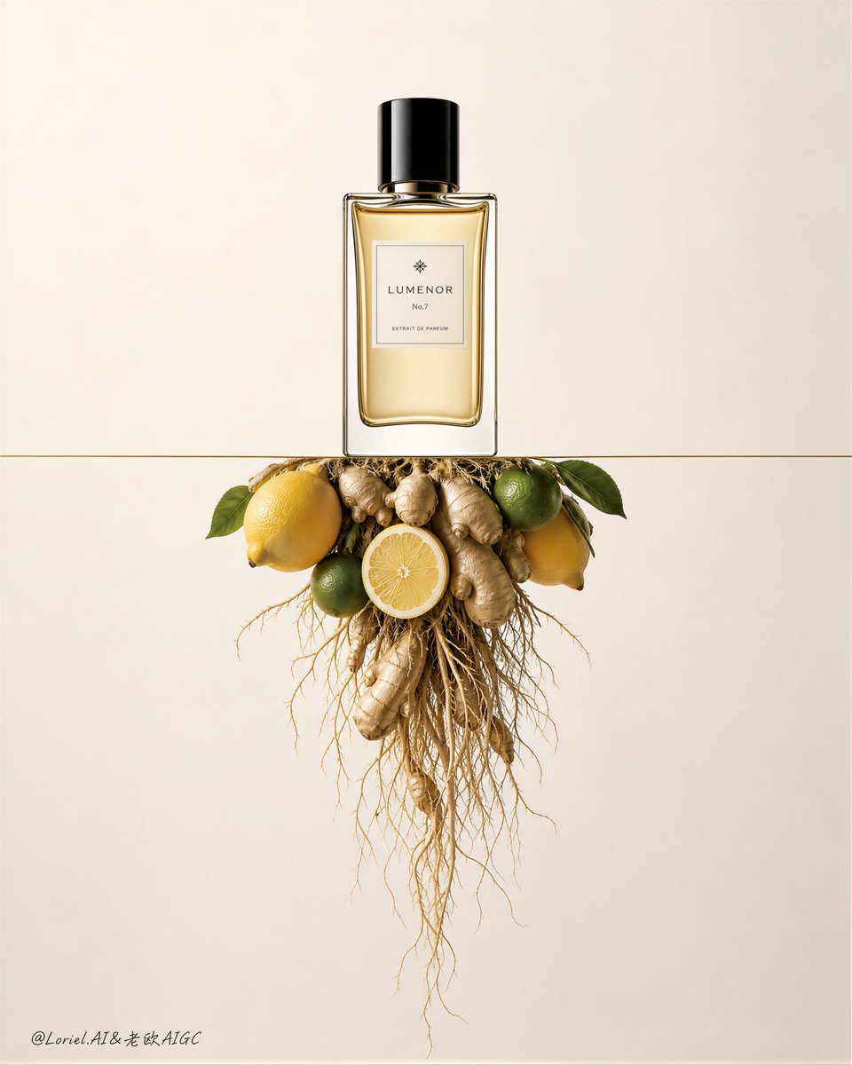 A single perfume bottle floats above a fine horizontal line, with a compact cluster of lemons, ginger and roots hanging beneath it like an upturned root…