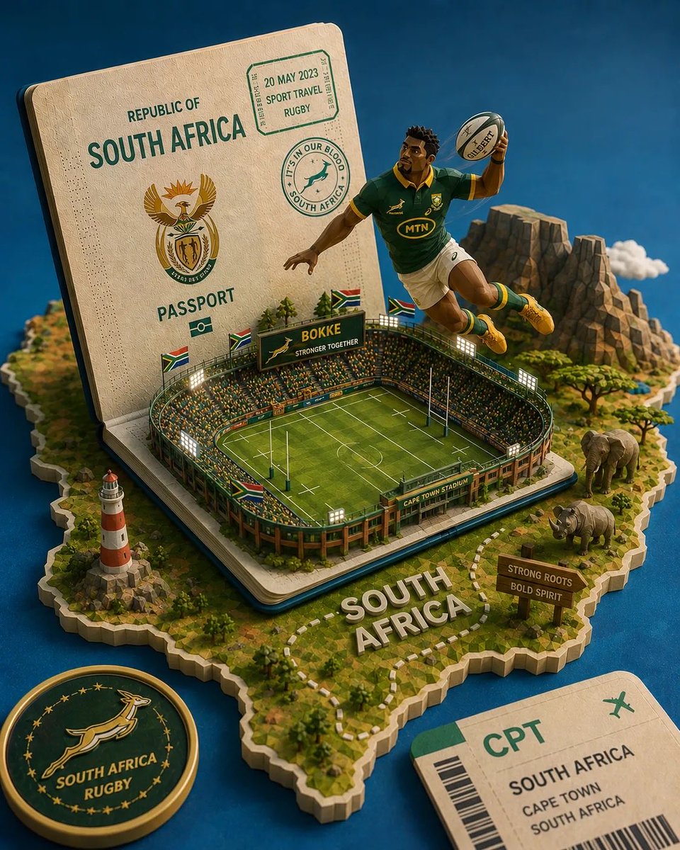 A passport opens at the back of the scene and a miniature sports arena rises out of its pages, with a low-poly athlete frozen mid-action above the crowd. The…