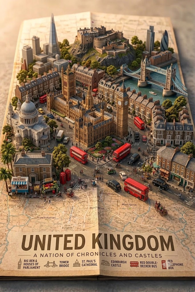 A destination rebuilt as a miniature pop-up diorama, rising off an open vintage fold-out map under warm golden-hour light. Landmarks, streets, greenery and…