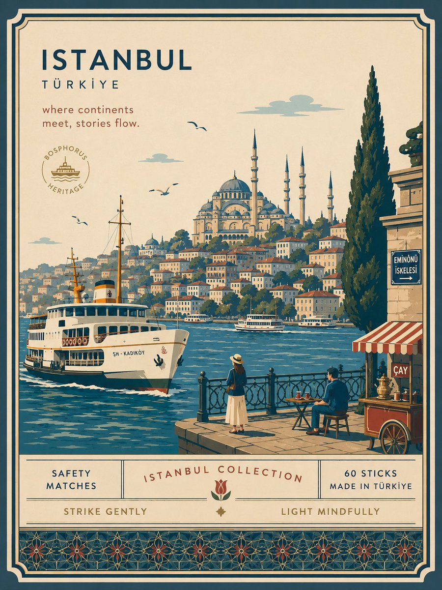 Istanbul Bosphorus Matchbox Label Illustration — AI result, variation 2 of 4