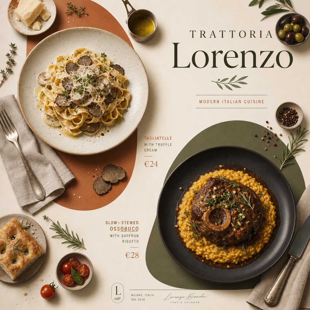 A top-down editorial poster pairing two hero plates, pasta with truffle cream and ossobuco with saffron risotto, inside soft rounded color blocks. Tidy props…